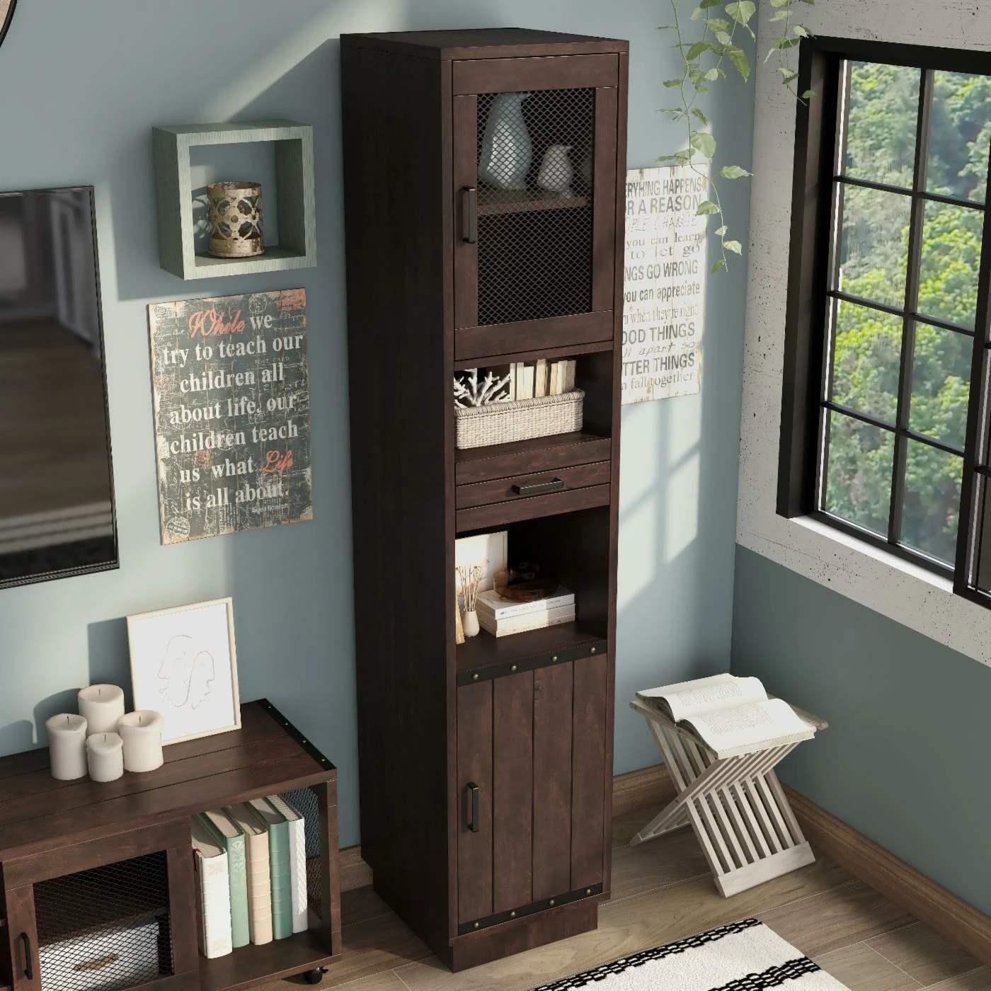 Best Pirce π Standard Furniture Of America Ellis Industrial Rustic Multimedia Storage Tower Shelf - Vintage Walnut π - Image 7