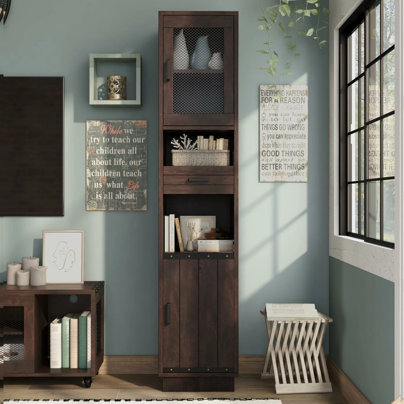 Best Pirce π Standard Furniture Of America Ellis Industrial Rustic Multimedia Storage Tower Shelf - Vintage Walnut π - Image 8