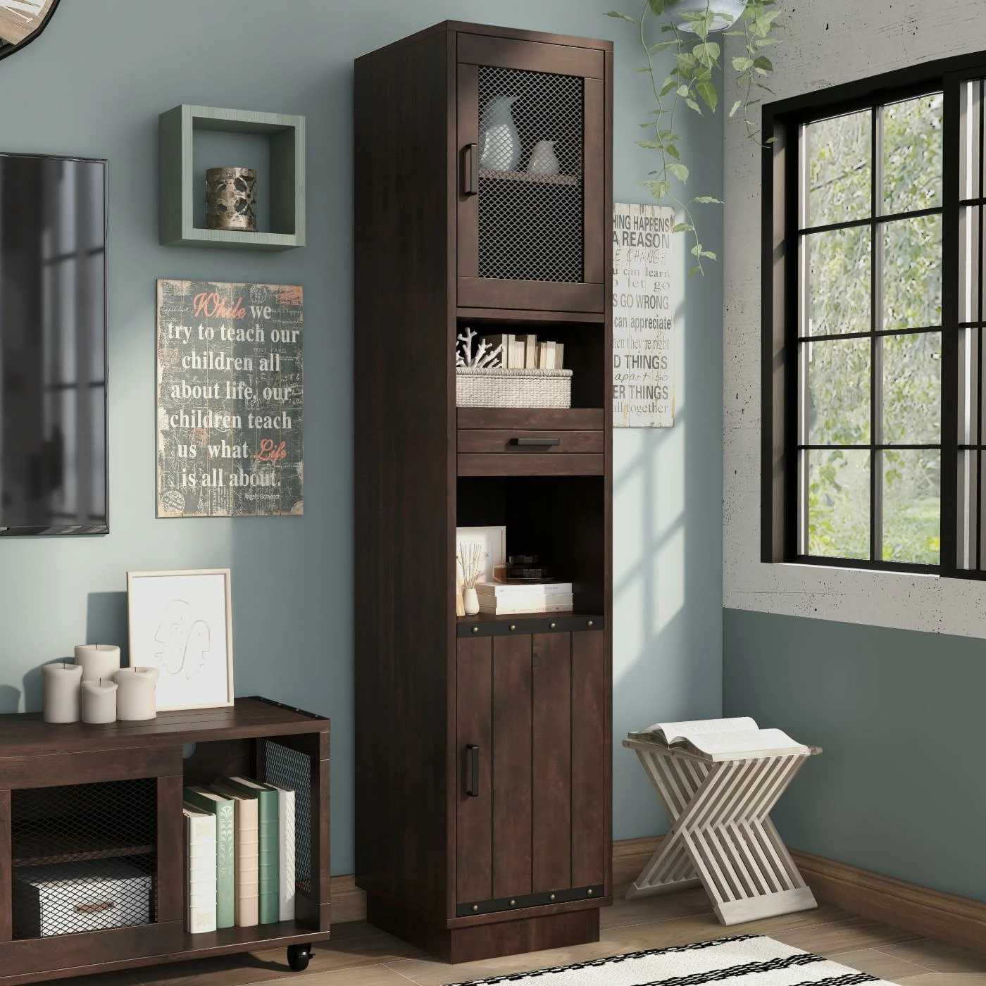 Best Pirce π Standard Furniture Of America Ellis Industrial Rustic Multimedia Storage Tower Shelf - Vintage Walnut π - Image 9