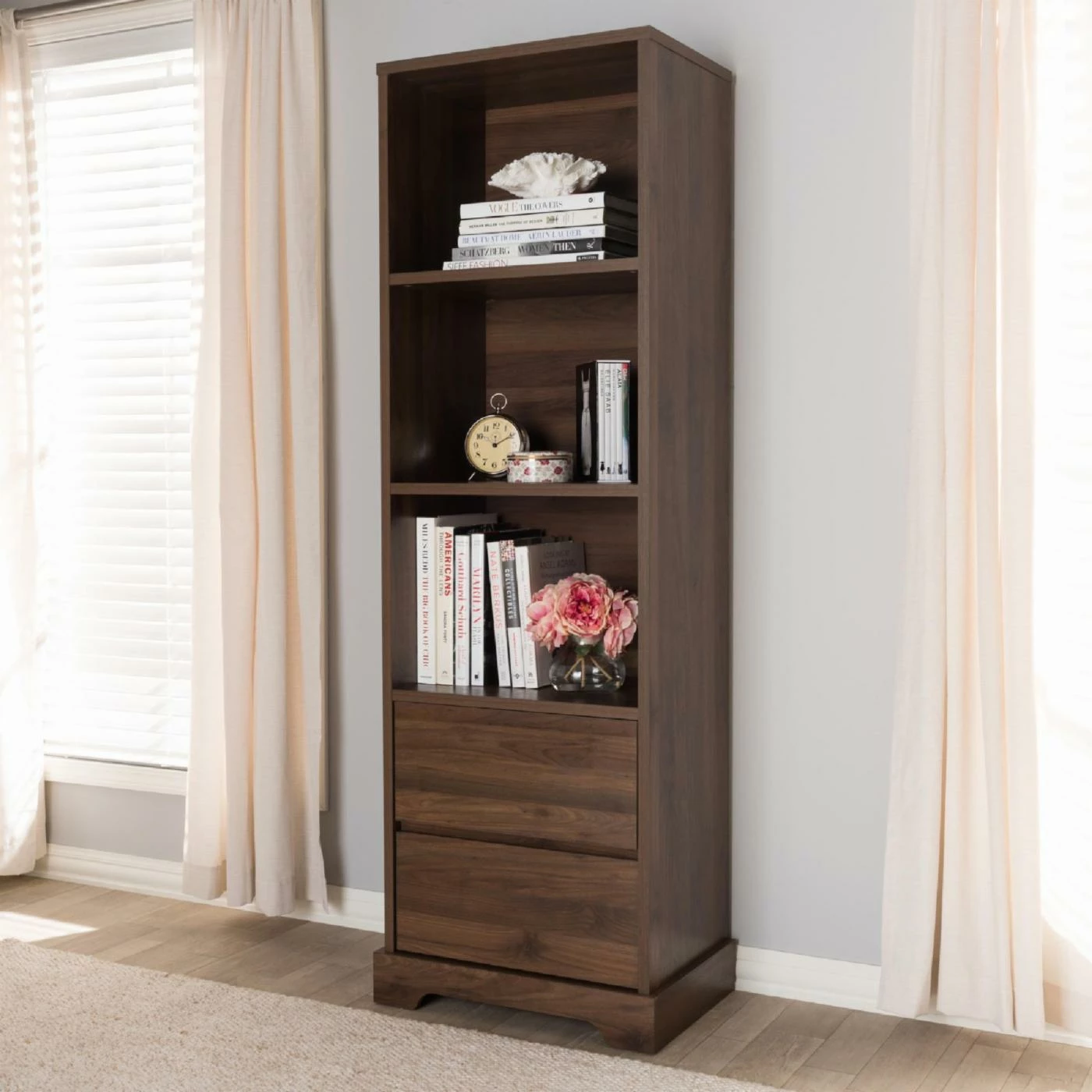 Hot Sale π― Standard HN Home Tacoma Transitional Walnut Brown Finished Wood 2 Drawer Bookcase π₯ - Image 2