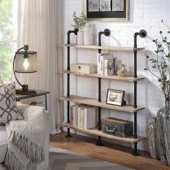 Deals ✔️ Etagere 4D Concepts Claremont Industrial Piping Hang/Floor Double Wide 4 Shelf Bookcase ⌛