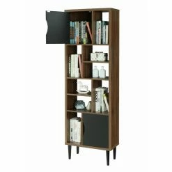 Best deal 🎁 Standard OS Home And Office Furniture Mid Century Modern Accent Bookcase With Two Doors And 10 Storage Areas On Wood Legs 🔥