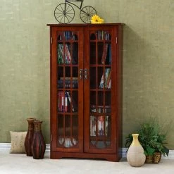 Flash Sale ⌛ Decorative Southern Enterprises Glass Window Pane Media Cabinet Bookcase - Cherry 👏