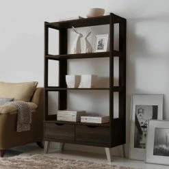 New 🤩 Decorative Baxton Studio Kalien Leaning Bookcase With 2 Drawers 🎁