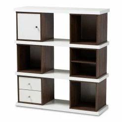Budget 🛒 Baxton Studio Rune Contemporary Cube Bookcase With 2 Drawers/1 Door - White/Walnut Brown 👍