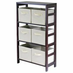 Coupon 🤩 Modular Winsome Capri 3-Section M Storage Shelf Bookcase With 6 Foldable Beige Fabric Baskets ⭐